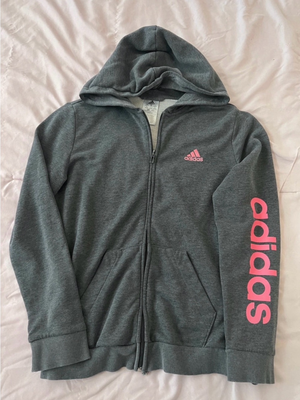 Adidas Women's Charcoal Gray Zip Hoodie with Pink Logo